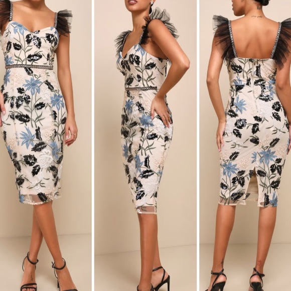 Lulus Show Stopper Embroidered Sequin Bodycon Midi Dress Size-Small Boho NYE - Picture 1 of 7